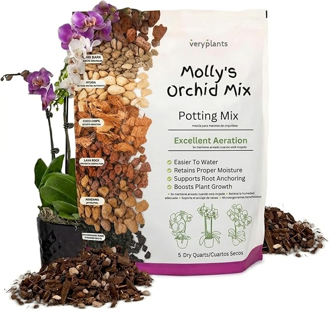 Molly's Orchid Potting Mix - Premium Gritty Soilless Orchid Mix - Chunky High Drainage vs Standard Potting Soil for Indoor Plants - Contains Bark, Coco Chips, Akadama, Pumice, Lava Rock 5 Dry Quarts