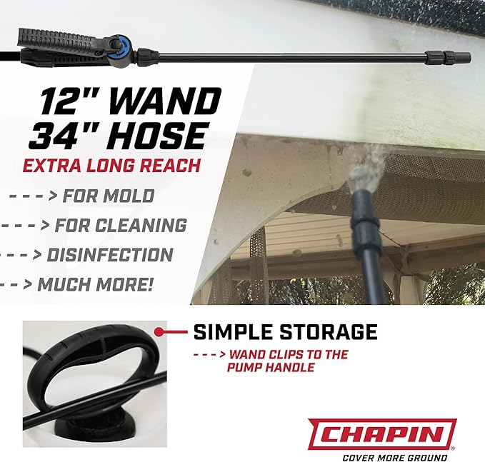 Chapin 22074 Bleach Pump Sprayer, 2‑Gallon, Lawn & Garden, Bleach‑Resistant Poly Tank, Funnel‑Top, Anti‑Clog Filter, Adjustable Cone Nozzle, 40" Hose for Cleaning, Mold & Disinfecting Applications