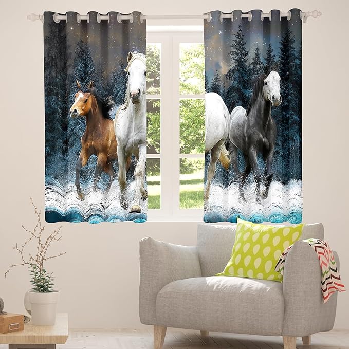 Feelyou Horse Curtains Galloping Horse Window Curtains Bedroom Living Room Kids Room Decor Boys Girls Wildlife Window Drapes Farm Animal Kids Bedroom Decor Window Treatments 52W X 84L，2 Panels