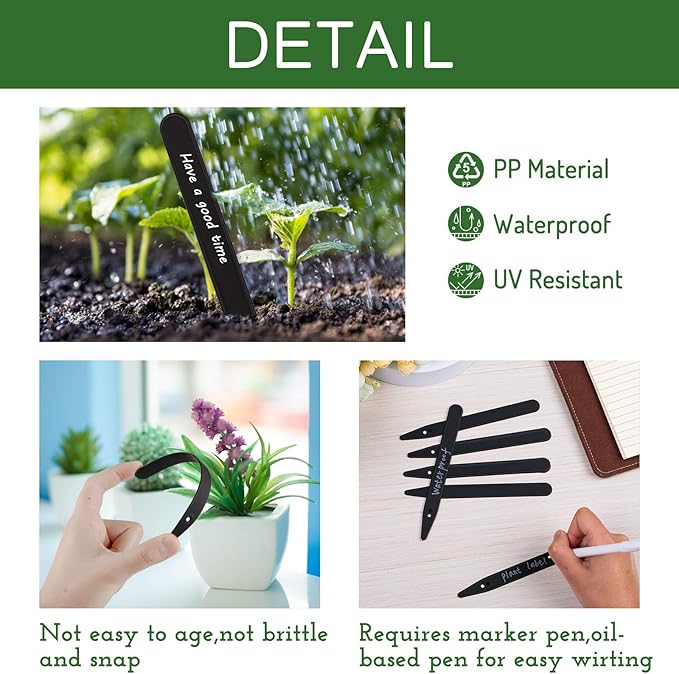 Whaline 200Pcs Thick Plastic Plant Labels Black Waterproof Garden Stake Sign Tags Garden Markers for Outdoor Seedlings Potted Flowers with 2 Marker Pen and A Roll of Twine (6 Inch)