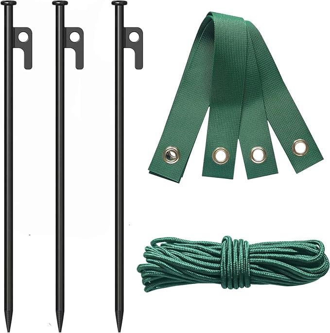 3 Pcs Heavy Duty Steel Tree Stake Kit, Tree Supports for Leaning Tree Protection with 3 PCS 11.8" Steel Tree Stakes, 3 PCS 15.8" Tree Straps，32.8 FT Rope