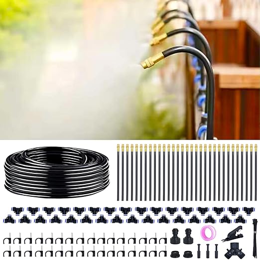 360° Adjustable Drip Irrigation System - 100FT Garden Watering System with 32 Nozzles, Garden Irrigation System, Greenhouse Accessories, Atomizing System for Yard, Lawn, Plants, 5/16 inch Tubing