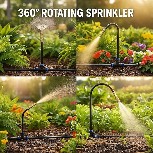 Automatic Garden Irrigation System 100ft, Upgraded Drip & Spray Watering Kit with 18 Adjustable Copper Nozzles for Raised Beds, Outdoor Garden, Lawn, Potted Plants & Greenhouse (100ft)
