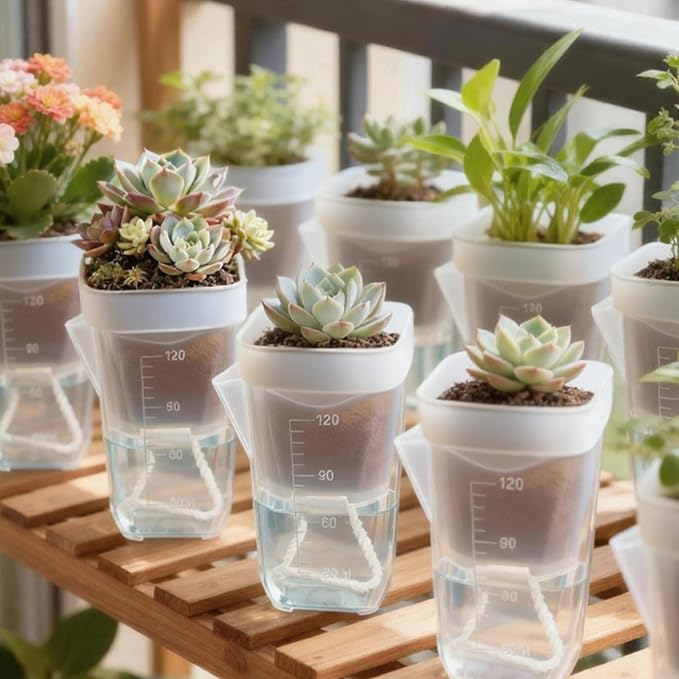 16 Pack 2" Mini Clear Self Watering Plant Pots, Plastic Planters with Bottom Water Tray & Watering Rope, Nursery Planting Pot for Indoor Out Door Plants