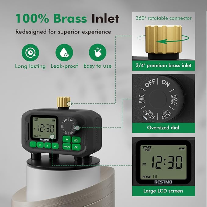 RESTMO Sprinkler Timer for Outdoor Hose Faucet 4 Zone, Up to 11h59m Programmable Watering Timer for Soaker Hose, Misting with Brass Inlet & Large Dial, Rain Delay/Manual/Automatic Irrigation System