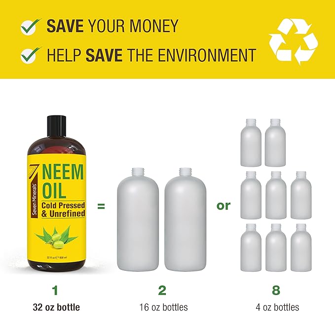 Seven Minerals Pure Cold Pressed Neem Oil - Big 32 fl oz Bottle - Non-GMO, Hexane Free, 100% Pure Neem Oil for Plants Spray, Skincare, & Haircare. Treats Dry Skin, Wrinkles, & Promotes Hair Growth