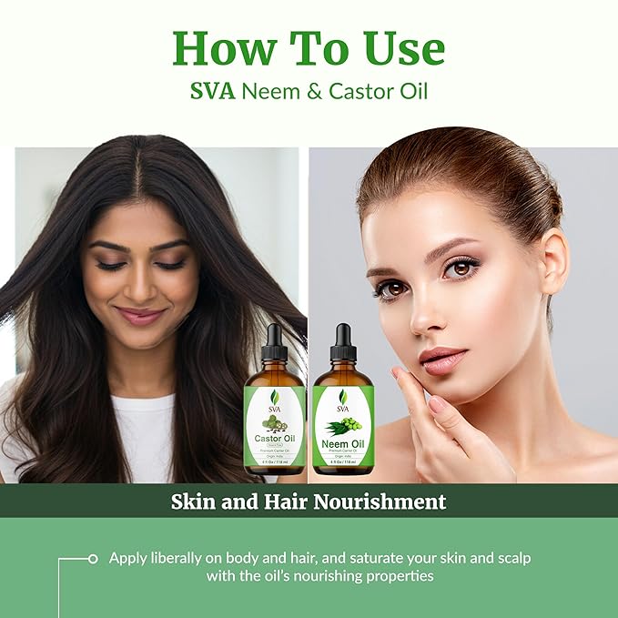 SVA Neem Oil 4 oz and Castor Oil 4 oz Bundle Super Saver Combo – Premium Grade Value Set for Hair Oiling, Scalp Massage, Hair Care, Skin Care and Body Massage