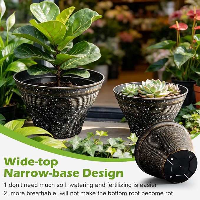RooTrimmer 17.7 Inch Large Planters for Indoor Outdoor Plants 4 Pack, Plastic Plant Pots with Drainage Holes, Modern Decorative Garden Pots, Plant Container for Planting Ornamental Plants, Black