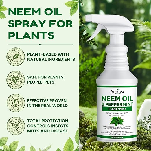 Neem Oil Spray for Plants with Peppermint Oil, Natural Neem Oil Spray for Indoor/Outdoor Plants, Suitable for Organic Gardening (16oz, Pet Safe, Non Toxic)