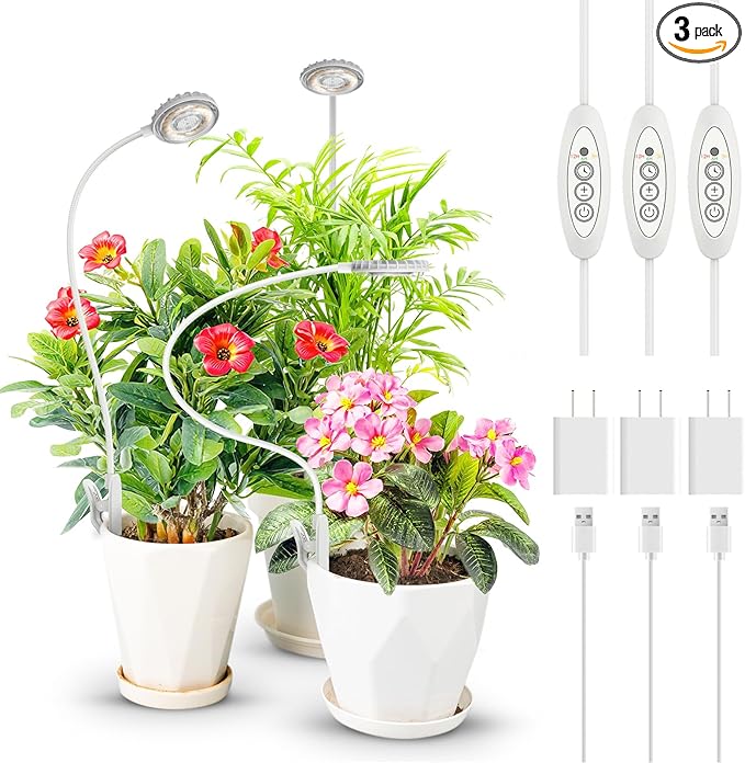 SANSI Upgraded Grow Lights for Indoor Plants, Full Spectrum Pot Clip LED Plant Light for Indoor Growing with Auto On/Off Timer 3/6/12H, 4 Dimmable Brightness, Ideal for Small Indoor Plants, 10W 3 Pack