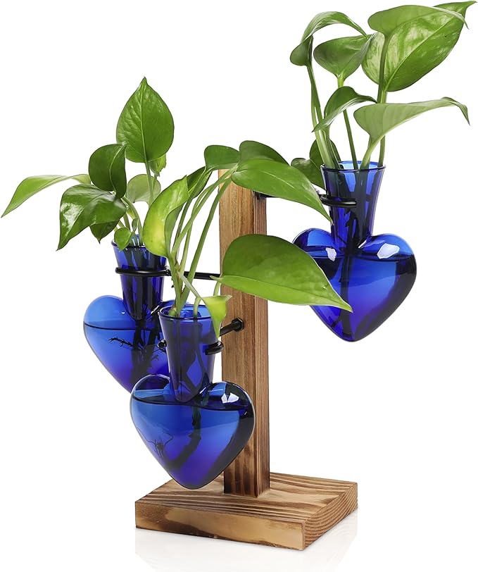 Plant Terrarium Propagation Stations with Wooden Stand, Glass Vase for Indoor Hydroponics Home Garden Office Decoration Gift for Women - 4 Love Bulb Vase