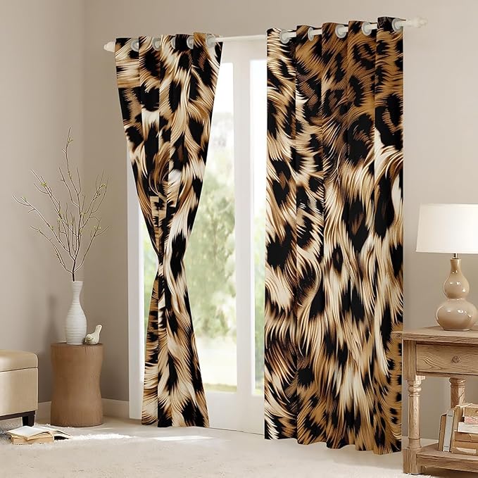 Feelyou Leopard Print Curtains Cheetah Print Window Drapes Kids Room Decor Boys Girls Wild Animal Print Window Treatments Leopard Fur Window Curtains Bedroom Living Room 52W X 63L,2 Panels