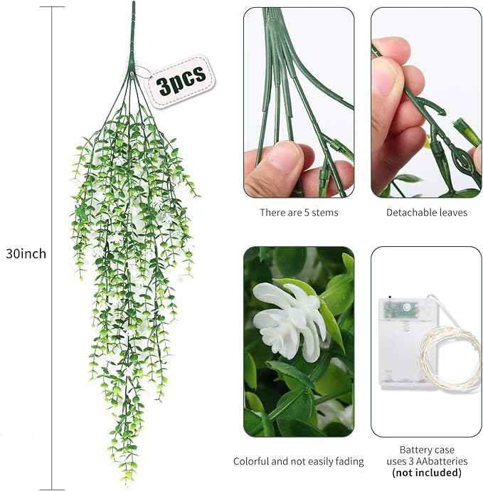 RECUTMS 3 Pcs Hanging Fake Plants Fake Vines Artificial Plants Large Faux Hanging Plant with 30 LED String Light, Artificial Greenery Wall Indoor Outdoor(White)