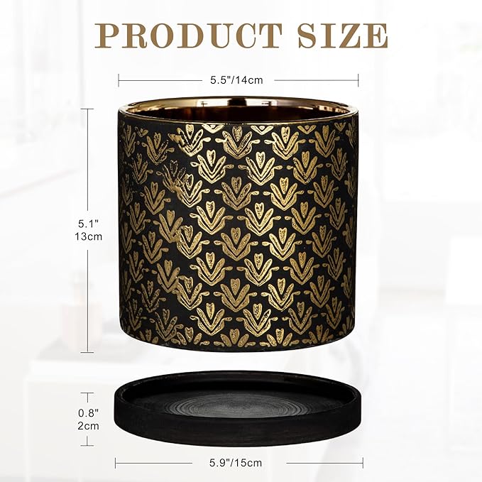 Ceramic Plant Pots with Drainage Hole & Saucer, Black & Gold Ceramic Planter Pot for Indoor & Outdoor Use, 5.5" Small Plant Pots Decorative Flowerpots for Succulents, Herbs, Cactus, Orchids Planter