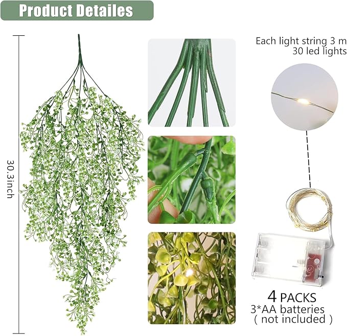 RECUTMS Artificial Hanging Ferns 2.5ft Artificial Ivy Vine Greenery with 30 LED Large Faux Wall Plants Artificial Plants Outdoor for Farmhouse Room Corridor Window Decor 4 PCS (White)