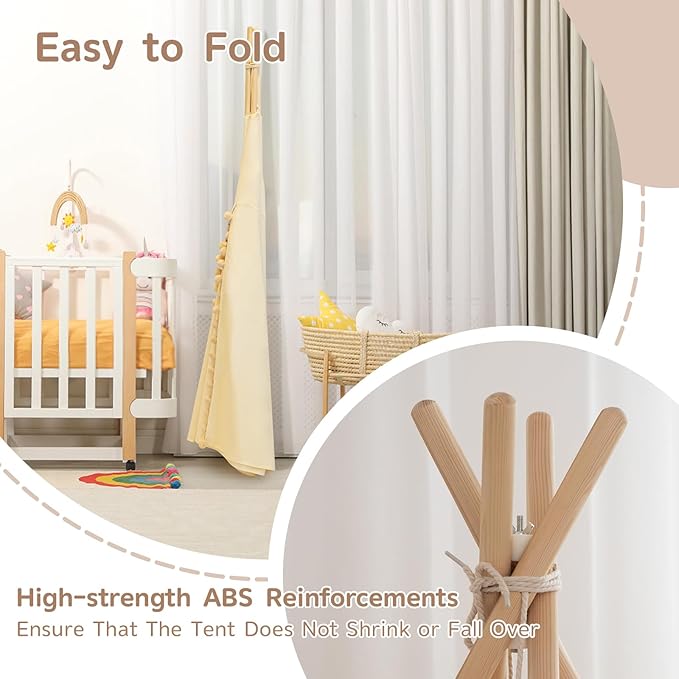WIRHAO Teepee Tent for Kids with Padded Mat Cotton Canvas Kids Teepee with Pompom for Toddlers Indoor Play Tent for Girls Boys with Stars Lights, Carry Bag, Banner Flag (Cream)