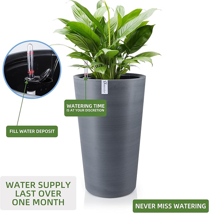 Dexceder 22x13 Tall Self Watering Planter High Cylinder Indoor Outdoor, Thickened Large Floor Standing Flower Plant Pot with Water Level Indicator (Gray, Wire Drawing)