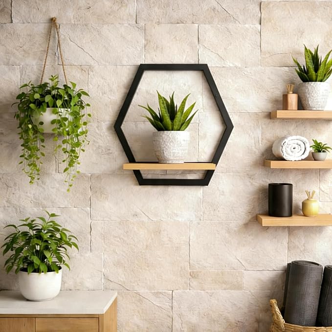 Modern Black Hexagon Wall Planters with Solid Wood Shelves Set of 3 Geometric Floating Wall Decor for Indoor Plants, Stylish Wall Mounted Display for Succulents & Small Plants