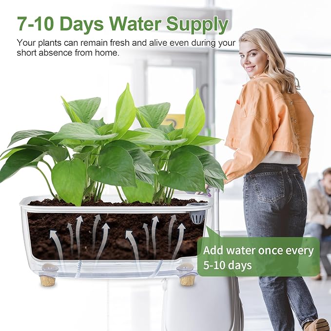 Oliz Self Watering Planter with Coco Coir Pellets, 11.8 Inch Plastic Rectangular Windowsill Plant Pot with Drainage Holes, High Clear Modern Decorative Flower Pot for Indoor Plants, African Violets