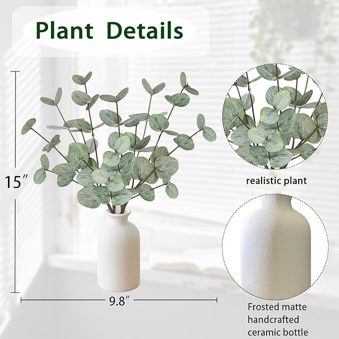 15" Artificial Eucalyptus Stems Potted Plant - Realistic Small Fake Desk Plants for Office Home Decor, Faux Plants in Frosted Ceramic Vase for Indoor Spaces, Wedding Centerpieces Table Decor（4pcs leaf