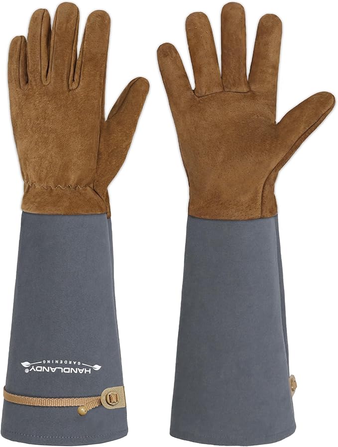 HANDLANDY Long Gardening Gloves for Men & Women, Pigskin Leather Rose Pruning Gloves, Breathable Thorn Proof Gauntlet Glove (Steel Gray, XL)
