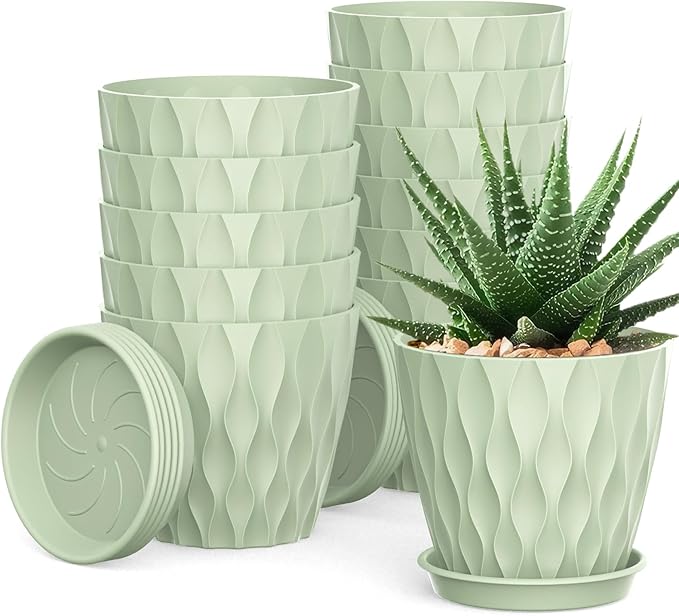 UOUZ 12 Pack 4 Inch Small Plant Pots with Saucers, Waffle Texture Plastic Planters with Drainage Holes for Indoor and Outdoor Plants, Flowers, Herbs, Succulents, and Seedlings, Green