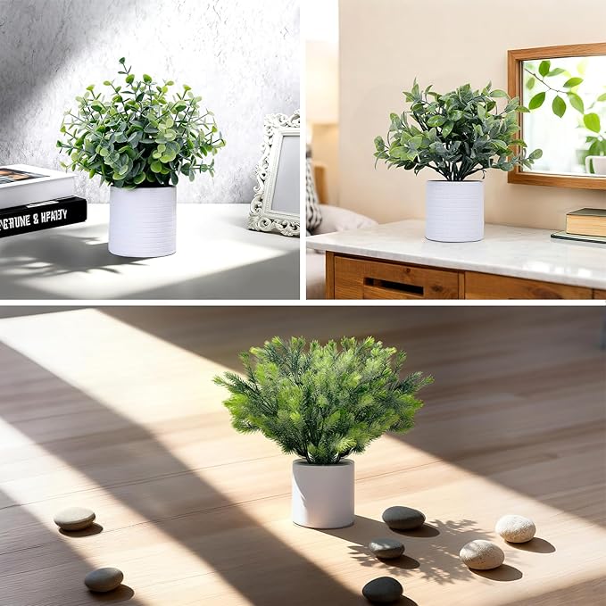 FGSAEOR Mini Potted Fake Plants, Small Artificial Greenery Plants Topiaries, Low Maintenance, Shelf Desk Room Table Office Home Decor (3-Pack) (White Pot - Grey)