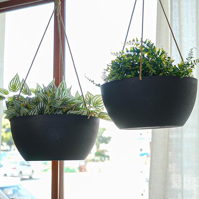 SwinDuck 13 Inch 2 Pack Large Hanging Planters for Indoor Outdoor Plants, Plastic Hanging Basket Pots for House Plants Flowers, Black
