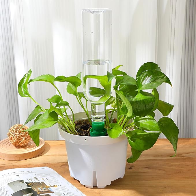 SiliFine 4 Set Plant Watering Devices Include Self Watering Spikes and 26 oz Plastic Bottles Plant Waterer Devices with Adjustable Control Valve Switch Indoor Outdoor (Clear)