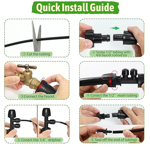MIXC 1/4" Irrigation Dripline Tubing (100 Ft Roll) with 10Ft 1/2" Main Line, Saving 80% Water, 6" Emitter Spacing, 0.5 GPH Emitters Built-in Drip Irrigation Line with 1/4" Push-to-Connect Fittings