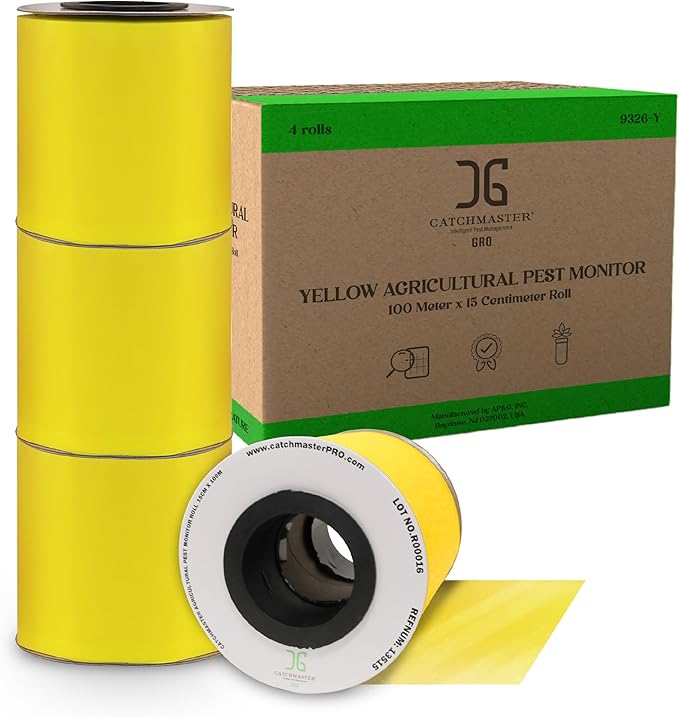 Catchmaster GRO XL AG Roll 4PK, Double Sided Adhesive Fly Tape Strips, Fungus Gnat Sticky Trap for Greenhouse, Garden, Nursery, Pest Control Gardening Supplies, Insect Trap, 328' x 6'' Yellow