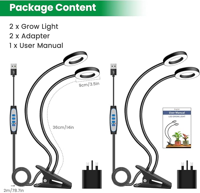 Plant Lights for Indoor Growing,2 in 1 Halo Grow Light with Clip,192 LED Full Spectrum Clip On Plant Grow Lights with 360°gooseneck,3 Spectrum Modes, 6/12/16Hrs Auto Time&5 Brightness 2 Pack