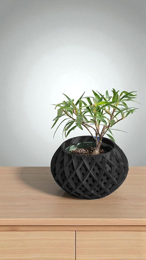 DarkStone Modern Geometric Planter – Bold Black Round Pot with Cross-Lattice Texture – Compact Indoor Plant Container with Drainage Hole (Black, Outer Dimensions: Compact 6" Width x 4" Height)