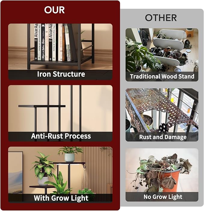 Homsorout Plant Stand Indoor with Grow Light, 5-Tiered Tall Plant Stand Indoor, Metal Plant Shelf with Hanging Basket Hook and Adjustable Light, Ideal for Living Room, Garden, Patio (Black )