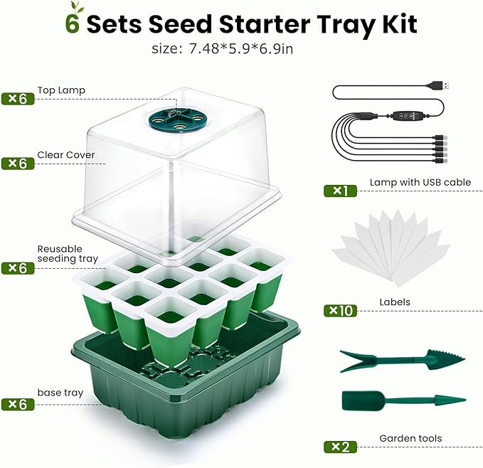 Pattiumo 6 Packs Seed Starter Tray with Grow Lights, 72 Cells Silicone Seed Starter Kits with Humidity Dome, 3 Lights for Seed Starting, 4 Timing Set, 8 Full Spectrum Germination Kit for Plant Seeds