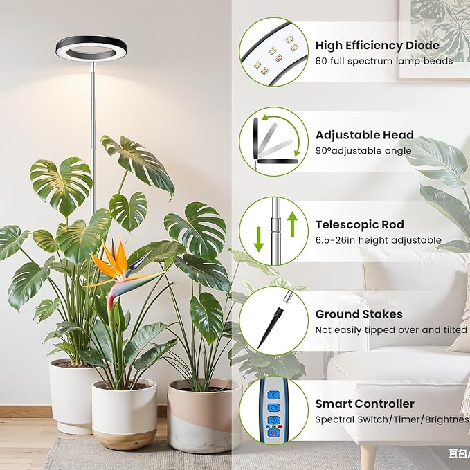 Kullsinss Black Grow Light, Full Spectrum LED Plant Lighs for Indoor Growing with 6/12/16H Timer, 3 Color Modes, 5 Brightness, 10"-60" Height Adjustable Grow Lamp for Tall Indoor Plants (3 Pack)