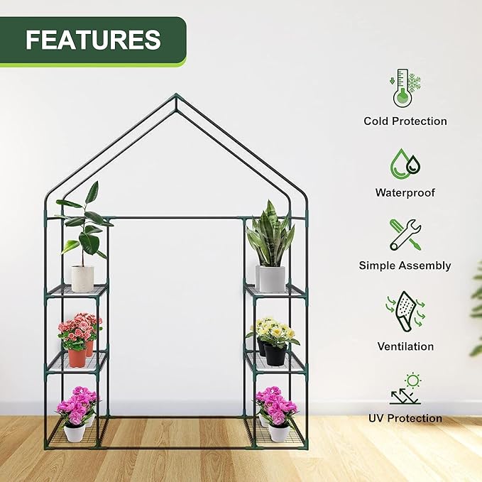 3 Tiers 6 Shelves Walk-in Green House, Portable Greenhouse w/Durable PE Cover, Roll Up Zipper Door, Steel Frame Greenhouse w/ Ground Pegs, Ropes for Garden, Patio, Backyard