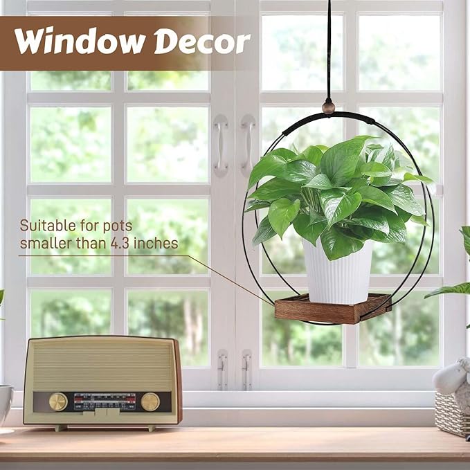 COM4SPORT 2 Pack Hanging Planters for Indoor Plants, Black Metal Plant Hanger with Wood Base Boho Hanging Plant Holder for Window,Room,Balcony Decor