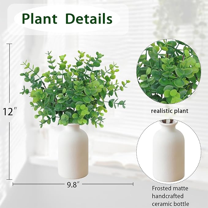 12" Artificial Sage Eucalyptus Stems Potted Plant - Realistic Small Fake Desk Plants for Office Home Decor, Faux Plants in Frosted Ceramic Vase for Indoor Spaces, Table Decor（7 pcs）