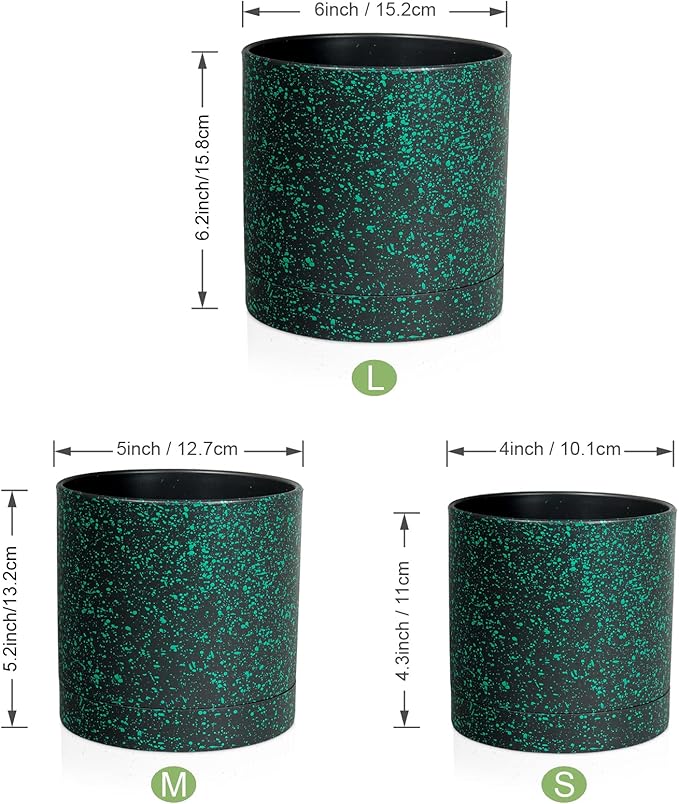 Meowell 6/5/4 inch Plant Pots, 3 Pack Cylinder Flower Pots for Small Indoor Outdoor Plants, Plastic Planters with Drainage Holes and Saucers for Garden Succulent Plants, Black with Green Speckles