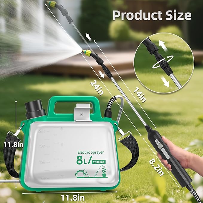 2026 Upgrade Battery Powered Garden Sprayer 2 Gallon, Electric Sprayer with USB Rechargeable Handle,3 Mist Nozzles, Retractable Wand, Adjustable Shoulder Strap,Weed Sprayers in Lawn & Garden