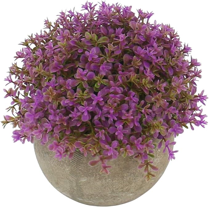 Ogrmar Mini Plastic Artificial Plants Grass in Pot/Small Artificial Faux Greenery/Mini Plants Topiary Shrubs for Bathroom, House Decorations (Purple)