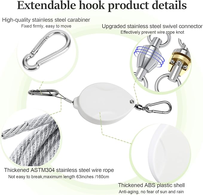 3 Pcs Upgraded Heavy Duty Retractable Plant Hanger,Plant Pulleys for Hanging Plants,Easy to Raise and Lower,Auto Lock,Adjustable Hook for Garden Baskets Pots,Birds Feeder and Grow Lights,White