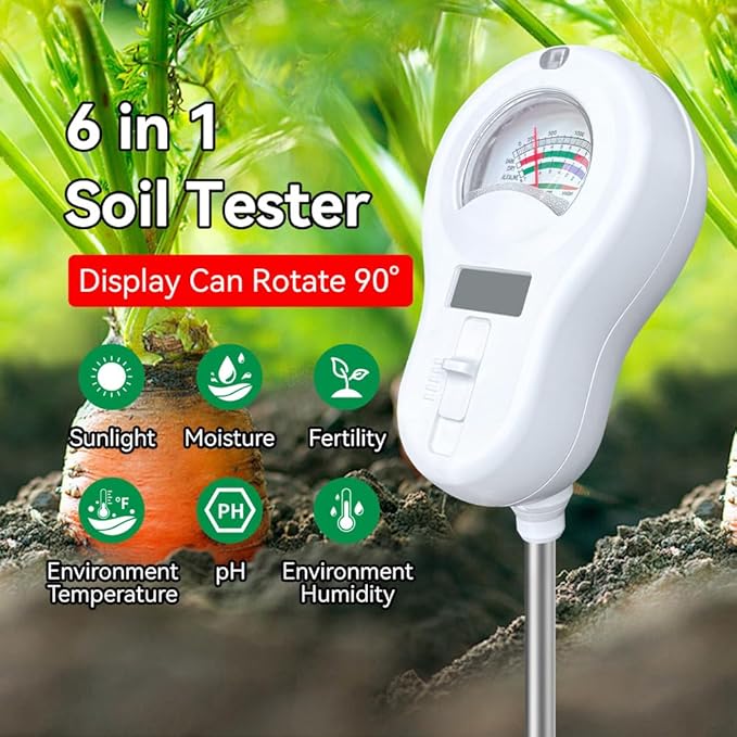 6-in-1 Soil Moisture Meter, pH Tester, Soil Moisture, Fertility, Sunlight, Temperature, Humidity, with Detachable Probe, for Agriculture, Gardening, and Outdoor Plants (Include 3* Detachable Probes)