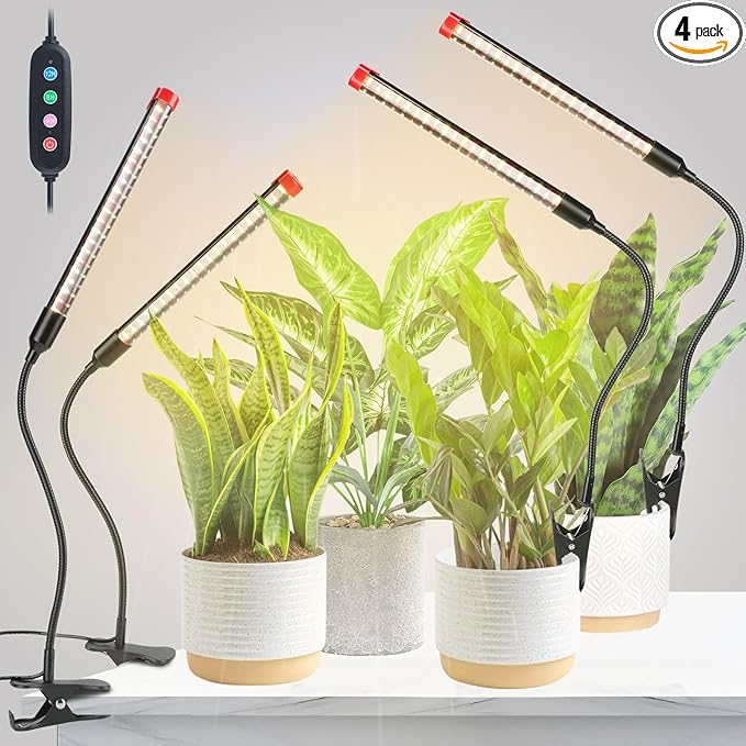 4Pack 2-in-1 Small Clip Grow Lights for Indoor Plants, Bonsai, Succulent, Cactus, 4/8/12/16/20H Timer, 9 Watt Power Draw, NO Need Adapter, Enough Bright, Best Gift for Plants Lover
