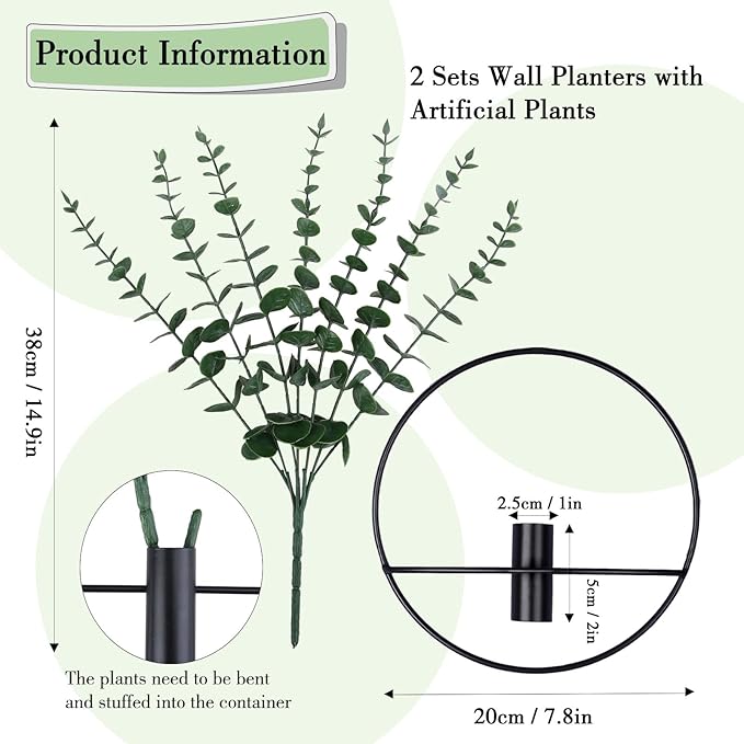GREENTIME 2 Packs Hanging Planters with 15in Artificial Eucalyptus Plants for Indoor Outdoor Home Bathroom Living Room Wall Decor