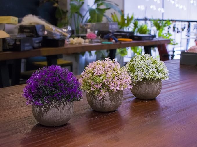 Opps Mini Artificial Plants Plastic Fake Green Colorful Flower Topiary Shrubs with Gray Pot for Home Décor – Set of 3