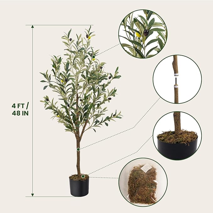 Artificial Fake Olive Tree 4FT Tall 1Pack Faux Silk Olive Tree for Home Living Room Office Decor Faux Artificial Plants Indoor Fake Potted Plants with Fruit & Free Moss