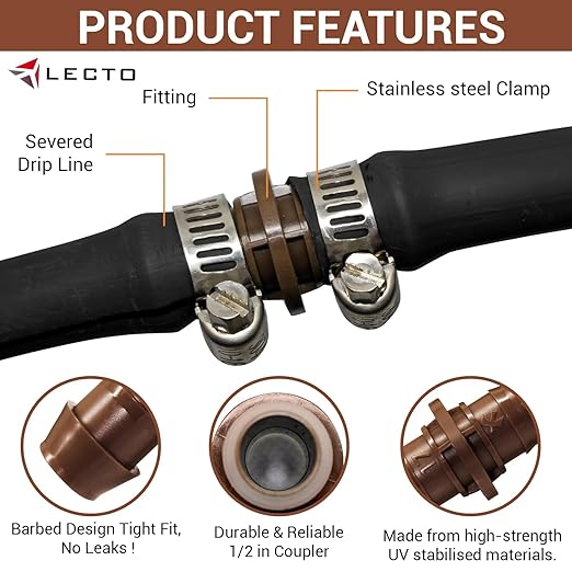 LECTO Universal 5/8", 1/2", .700" Drip Line Repair & Extension Kit – 6 Pack Plastic Couplers with 12 Stainless Steel Hose Clamps