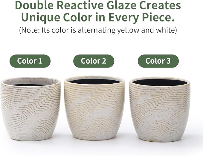 Set of 2 Ceramic Planters with Drainage Holes & Saucers - 4+5.75 Inch Retro Yellow & White Reactive Glaze Flower Pots - Unique Decorative Succulent Orchid Pots for Indoor Outdoor Home Decor